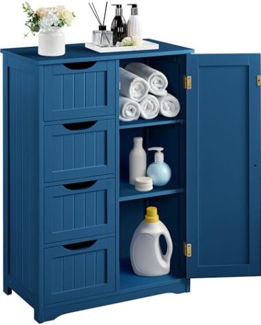 Yaheetech Wooden Bathroom Floor Cabinet, Side Storage Organizer Cabinet with 4 Drawers and 1 Cupboard, Freestanding Entryway Storage Unit Console Table, Bathroom Furniture Home Decor, Navy Blue