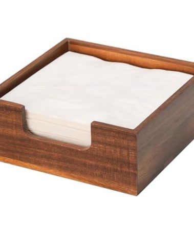 Acacia Cocktail Napkin Holder for Table, Wooden Napkin Holder, Flat Square Beverage Napkin Tray, Farmhouse Cocktail Napkin Caddy for Bar, Party, Dinner, Kitchen Dining Table, 5.5 x 5.5 inches