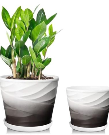 YUFDA Ceramic Plant Pots,6.7 + 5.5 Inch,Ceramic Flower Pots,Planters with Drainage Hole and Saucer,Planters for Indoor Plants(Dark Gray+White)