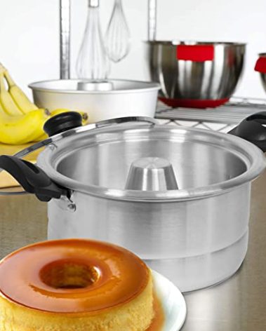 Bene Casa - Aluminum Flan Mold Double Boiler with Glass Lid (1.6 Liter) - Includes Aluminum Inner Pan (8") - Dishwasher Safe
