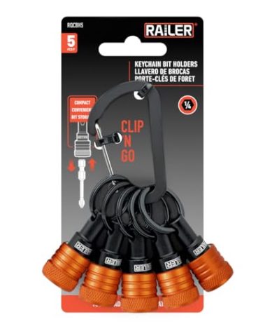 Railer Bit Holder Keychain 5pc - 1/4 inch Hex Shank Bit Holders - Quick Release Bit Holder for Nut Driver, Screwdriver & Drill Bits w/Key Chain Carabiner