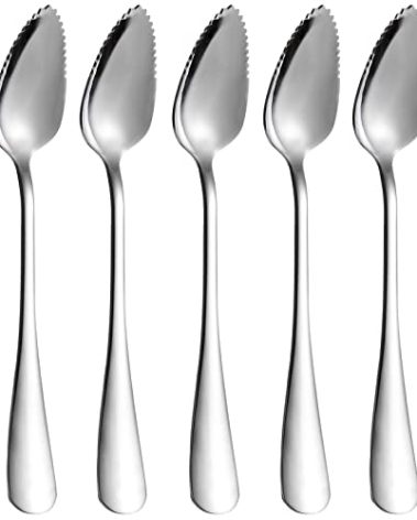 5 PCS Grapefruit Spoons, Stainless Steel Grapefruit Spoon Utensil Set, Serrated Edge & Thick Gauge Handle, Silver Kitchen Tool with Non-stick Plating for Kiwi, Dessert, Apple, Citrus Fruit