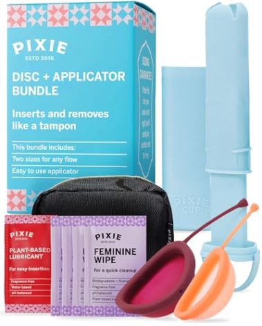 Pixie Cup - 100% Medical-Grade Silicone - Softest Reusable Period Disc - Inserts and Removes Like a Tampon - Capacity of 5 and 7 Tampons (Disc + Applicator Bundle)