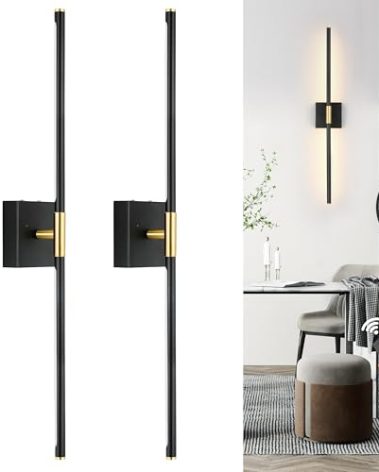 Morauroral 30 Inch Battery Operated Wall Sconces Set of Two, Dimmable Wall Sconces with Remote Control, Black Gold Rechargeable Sconces, LED Wireless Wall Lights for Bedroom, Living Room, Bathroom