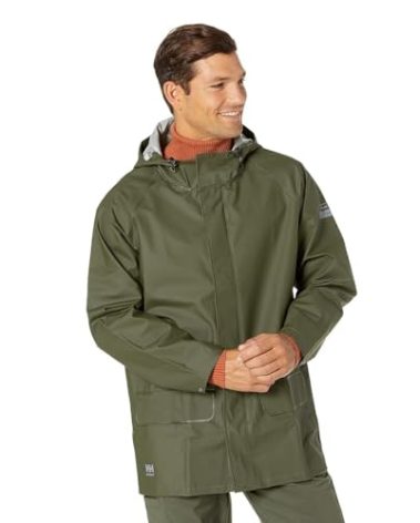 Helly-Hansen Workwear Mandal Waterproof Jacket for Men - Adjustable Hood, PVC-Coated Protective Windbreaker & Rain Coat - 480 Army Green - Medium