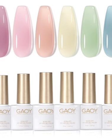 GAOY Jelly Green Spring Summer Gel Nail Polish Set, 6 Transparent Colors Sheer Blue Pink Nude Soak Off UV Light Cure Gel Polish Kit for Salon and Nail Art DIY at Home