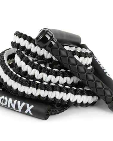 ONYX Wakesurf - 25ft Premium Braided Wake Surf Rope with 10" EVA Handle - 6 Adjustable Sections Floating Watersport Ropes for Wake Surfing (Black & White)