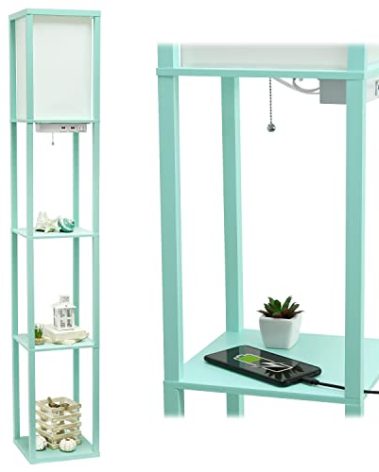 Simple Designs LF1037-AQU Floor Lamp Etagere Organizer Storage Shelf with 2 USB Charging Ports, 1 Charging Outlet and Linen Shade, Aqua