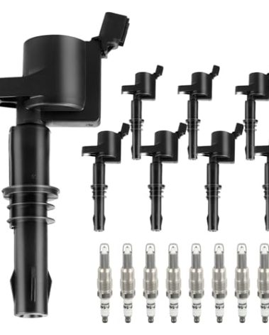 Ignition Coil Pack & Spark Plugs Replacement for 5.4 V8 2004 2005 2006 2007 2008 Ford Lincoln Expedition F150 F250 Super Duty Expedition Explorer Mustang 5.4L, FD508 DG511, Black Boot, Pack of 8