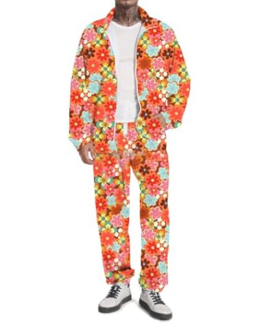 UOUA 80s Outfit for Men 90s Tracksuit Costume for Halloween 70s Windbreaker Jacket Track Suit 2 Piece Hip Hop Set OrangePrint M