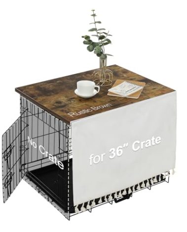 VIE DE AMAN Dog Crate Topper Wood for 48 42 36 24 inch Cages, Table Topper with Tassel Curtain, Rustic Style Dog Kennel Topper, Rustic Brown(Dog Crate Not Include)