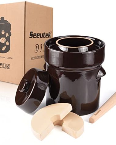 Seeutek Fermentation Crock Jar 5 Liter / 1.3 Gallon - Stoneware Pot for Fermenting, Pickling Kimchi, Pickles, Vegetables, Kombucha - Glazed Fermenter with Stone Weights, Lid & Pickle Tamper