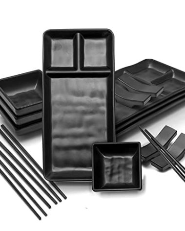 GOLIBER Sushi Serving Set, with 4 Japanese Sushi Serving Plate, 4 Soy Sauce Dish, 4 pairs of chopsticks and 4 chopsticks stands- Melamine Serving Set for Sushi (Black)