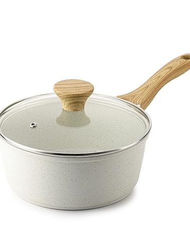 SENSARTE White Ceramic Nonstick Saucepan with Lid 2.0 Quarts, Small Cooking Pot with Stay Cool Handle, Induction Compatible Saucepot, White Granite Coating, Free of Intentionally Added PTFE/PFOA/PFAS