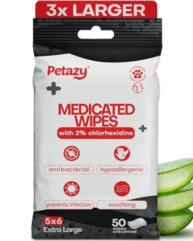 Petazy 2% Chlorhexidine Wipes for Dogs 3X Larger | Yeast Infection Ringworm Fungus Hot Spot Itch Relief | Medicated Antibacterial Antifungal Gentle Soothing Topical Wipes for Dog Cat | 50 Wipes 5x6