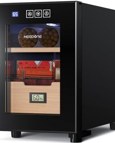 NEEDONE Humidor 16L, Electric Cooler Humidors for 100 Counts, Electronic Cabinet with Cooling Control, Spanish Cedar Wood Drawer Shelves, Digital Hygrometer Displays, Gift for Men