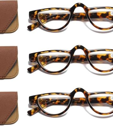 Hubeye 3 Pairs Plastic Retro Half Moon Frame Reading Glasses Lightweight Spring Hinge Women and Men Reader Leopard print/Leopard print/Leopard print +1.25
