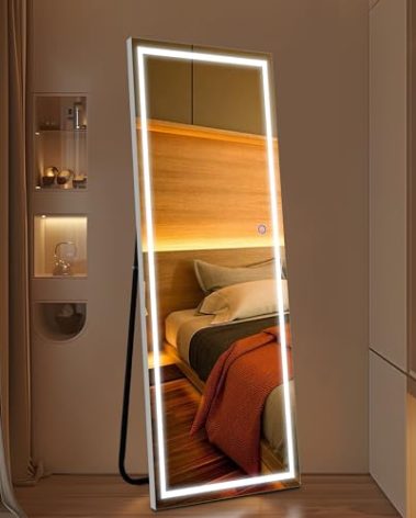 GlasFlength Full Length Mirror with LED Lights, 63"x20" Full Body Mirror, Free Standing & Wall Mounted Hanging Mirror with Light for Bedroom, Aluminum Frame, Dimming & 3 Color Lighting (Sliver)