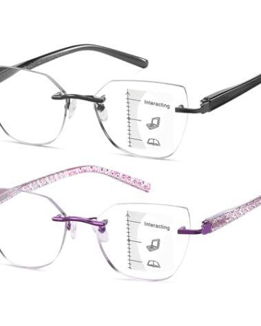 Kafirlo Progressive Multifocus Reading Glasses Women Cat Eye No Line Multifocal Transition Blue Blocker Computer Readers Metal Frame Fashion Ladies Funky Trendy Cheaters Trifocal Eyeglasses 2.50+