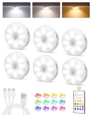 EZVALO 6-Pack Under Cabinet Lighting, Rechargeable Motion Sensor Puck Light with Remote, 3 Color Temps &12 RGB Colors, Magnetic Stick on Light, Dimmable Under Counter Light for Kitchen, Home Decor