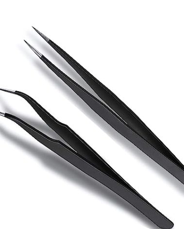 2-Piece Fine Point Tweezers - Straight & Curved Tip, Eyelash Extension, Sharp Precision, Needle Nose, Anti-Static, Stainless Steel