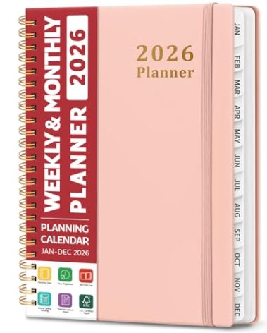 2026 Planner, Weekly and Monthly Calendar Planner, January 2026 - December 2026, Hardcover 2026 Calendar Book with Tabs For Women & Men, Inner Pocket, Spiral Bound, Perfect for Office Home School Supplies - A5 (6.3" x 8.5"), Pink