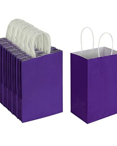 Oikss 100 Pack 5.25x3.25x8.25 Inch Small Purple Kraft Paper Bags with Handles Bulk for Birthday Wedding Party Favors Grocery Retail Shopping Business Goody Craft Gift Bags Cub Sacks (100pcs Count)