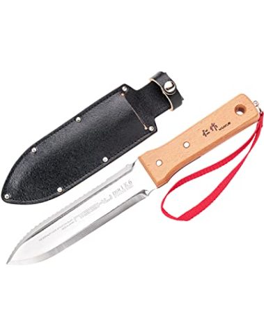 Nisaku NJP651 Hori Weeding & Digging Knife-Hardened HRC58 Edition, Authentic Tomita (Est. 1960) Japanese Stainless Steel, 7.25" Blade, Wood Handle, w/Premium Leather Sheath