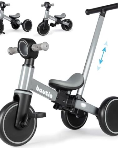 Bautia 5 in 1 Kids Tricycle for Toddlers 1-3 Baby Balance Bike Toy for 1-4 Years Old Boys Girls Gift with Push Handle & Removable Pedals, Gray (No Parent Steering Version)