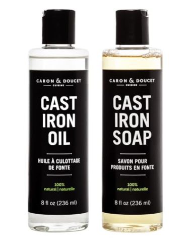 CARON & DOUCET - Cast Iron Cleaning & Conditioning Set: Seasoning Oil & Cleaning Soap | 100% Plant-Based | Best for Washing, Restoring & Seasoning Cast Iron Skillets, Pans & Grills! 8oz Each