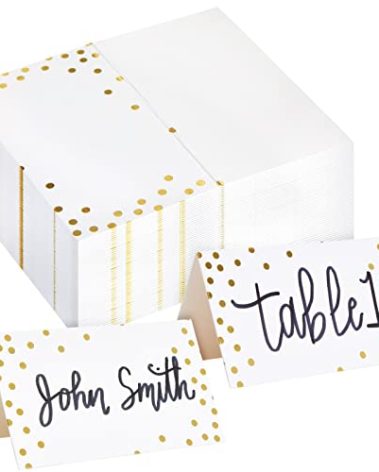 Best Paper Greetings Place Cards for Table Setting - 3.5 x 2 In Folded, 100 Pack, Gold Foil Polka Dots, 250gsm Paper - Place Card Holders & Food Tags for Weddings & Dinner Parties