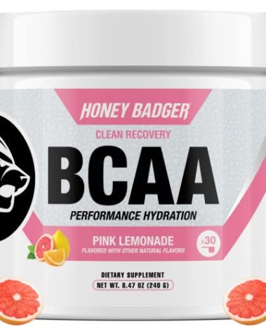 Honey Badger BCAA + EAA Amino Acids Powder, BCAAs + L-Glutamine, Keto, Vegan, Sugar Free for Men & Women, Hydration & Post Workout Muscle Recovery Drink Mix, Pink Lemonade, 30 Servings