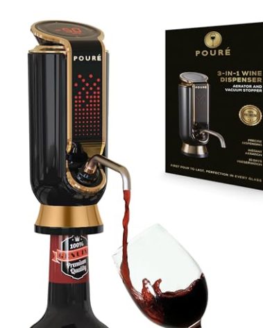 POURÉ 3-IN-1 Wine Aerator Dispenser & Vacuum Stopper - Adjustable Pouring, Preserving, Real-Time Temp, Output & Pressure Control - Touch Screen LED Wine Accessories - Fits 18–20mm Bottles - Black