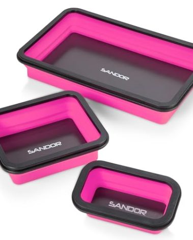 Collapsible Magnetic Parts Tray Set - 3 Different Size Tool Trays for Screw, Bolts, Nuts, Washers, Pins and Other Small Metal Parts, Mechanic Tool Gifts for Men - Pink