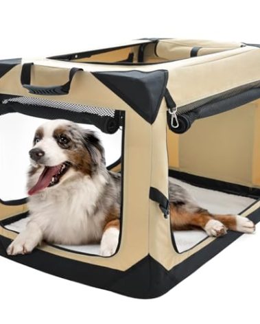 Pettycare 36 Inch Collapsible Dog Crate for Large Dogs, 4-Door Foldable Soft Dog Kennel with Chew Proof Mesh Windows, Indoor & Outdoor Travel Dog Crate, Beige