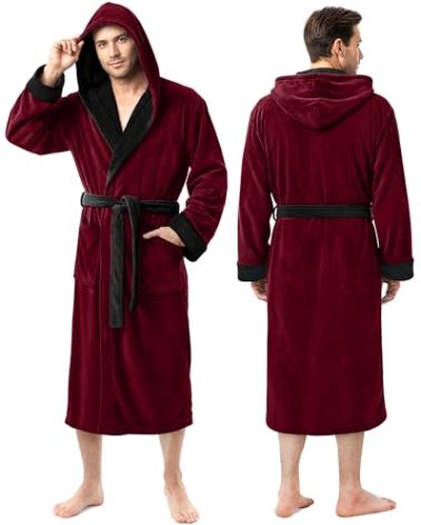 NY Threads Mens Robe with Hood, Luxury Plush Fleece Hooded Mens Bathrobe, Spa Bath Robe for Men, Small/Medium, Burgundy and Black