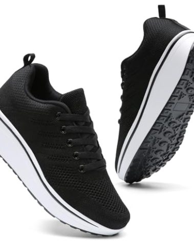 DADAWEN Women's Slip On Breathable Mesh Walking Tennis Shoes Lightweight Comfort Wedge Platform Casual Sneakers for Gym Travel Work Black US Size 6.5
