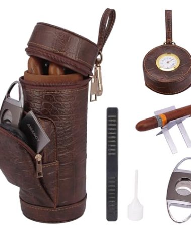 AMANCY Classy Cylindrical Hand Carry Cigar Case with Premium Cutter and Rest , Cedar Wood Lined Travel Cigar Holder Humidor kit with Built-In Hygrometer, Long Humidifier, and Dropper