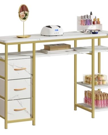 DWVO Nail Desk, Manicure Table, Marbling Texture Manicure Station with 3 Drawers, Nail Tech Desk for Beauty Salon Spa (White)