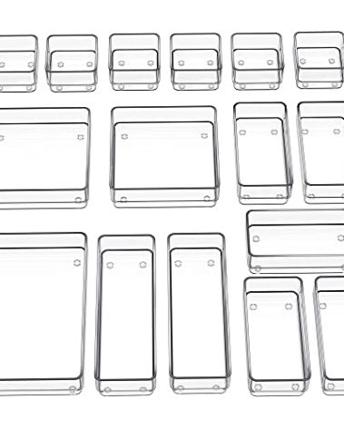 SMARTAKE 16-Piece Drawer Organizer with Non-Slip Silicone Pads, 5-Size Desk Storage Tray for Makeup, Jewelries, Utensils in Bedroom Dresser, Office and Kitchen, Clear