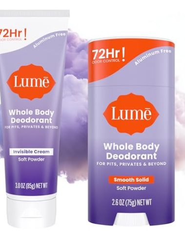 Lume Whole Body Deodorant - Invisible Cream - 72 Hour Odor Control - Aluminum Free, Baking Soda Free, Skin Safe - 3.0 Ounce Tube and 2.6 Ounce Solid Stick Bundle (Soft Powder)
