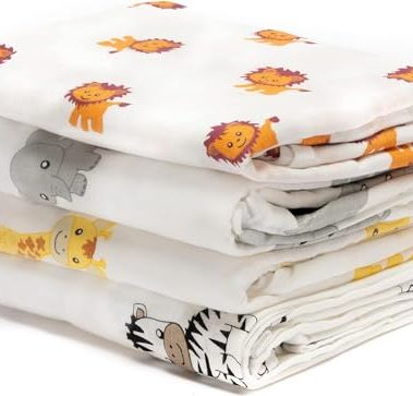 CuddleBug – Muslin Baby Swaddle Blankets for Boys and Girls 0 to 3 Months - Large 4 Feet x 4 Feet – Unisex Muslin Cotton Multifunctional Baby Blankets - 4 Pack (Safari Friends)