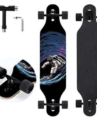 TLHB Longboard Skateboard, 41 Inch Drop Through Longboard Complete 9-Ply Nature Maple Premium Cruiser Long Board for Adults, Teens and Kids - High-Speed Bearings & T-Tool-Spaceman