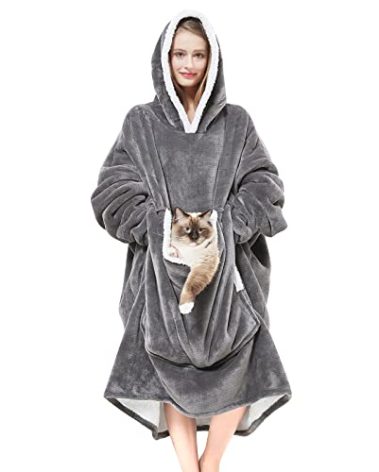 Cozystar Wearable Blanket Hoodie with Giant Pocket （Pet Won't Leave） Extra Soft Sherpa Fleece Thick Warm ＆ Cozy Oversized Sweatshirt Blanket Jacket with Sleeves-Grey