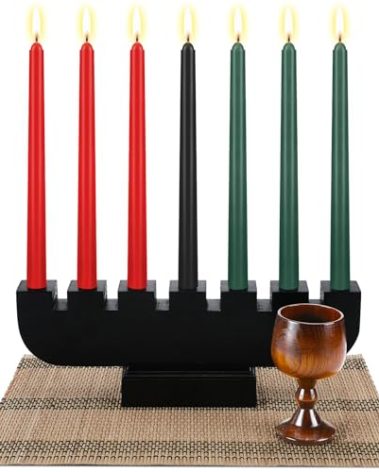 Zubebe 10 Pcs Kwanzaa Kinara Set 3 Red 3 Green 1 Black Kwanzaa Candle Set Kinara Bamboo Table Mat Candle Holder Wooden Wine Goblet for Celebration Decoration(Black)