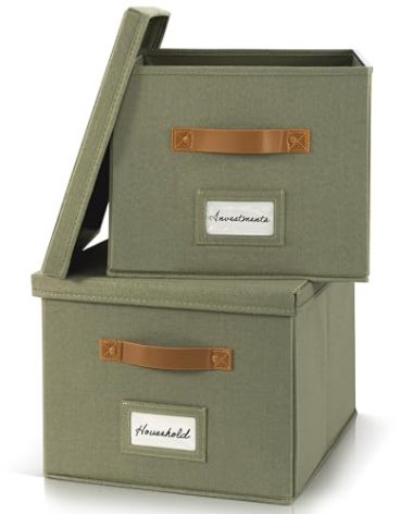 ZICOTO Decorative File Organizer Box Set of 2 - Collapsible Linen Filing Cabinets w/Handles Are Perfect to Store all Your Documents & Hanging File Folders - Portable Easy Slide Crates with Lid