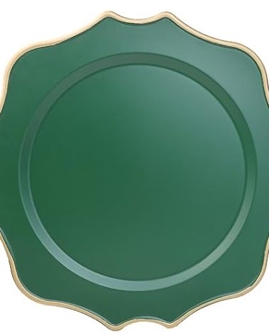 Omuriko Set of 12 Green Chargers for Dinner Plates, 13 Inch Scalloped Plastic Decorative Table Charge Service Plates for Wedding, Holiday, Thanksgivng, Christmas