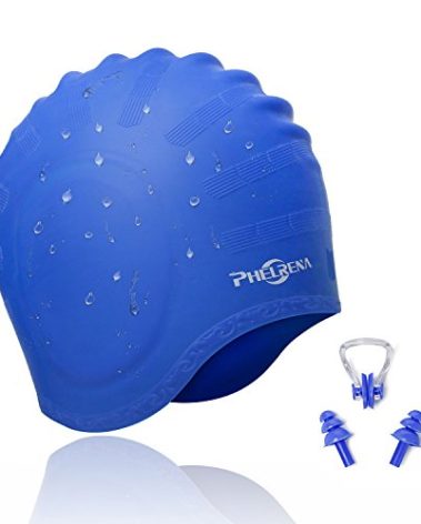 PHELRENA Swimming Cap Waterproof Premium Silicone Solid Long Hair Earmuffs Swim Cap Flexible Reversible for Adults Kids Women Men, Keeps Hair Clean Ear Dry, Free with Nose Clip and Ear Plugs