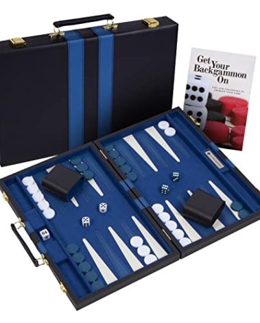 Get The Games Out Top Backgammon Set - Classic Board Game Case - Best Strategy & Tip Guide - Available in Small, Medium and Large Sizes (Blue, Large)