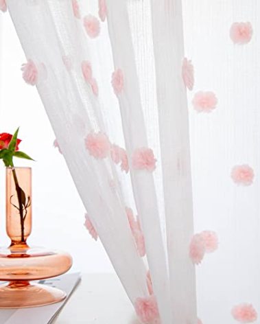 MYSKY HOME Short Pink Pom Pom Sheer Curtains - 54 Inch Long, 52" x 54", Rod Pocket, 2 Panels, Small Window, Kitchen, Bathroom, Nursery, Boys, Kids Room